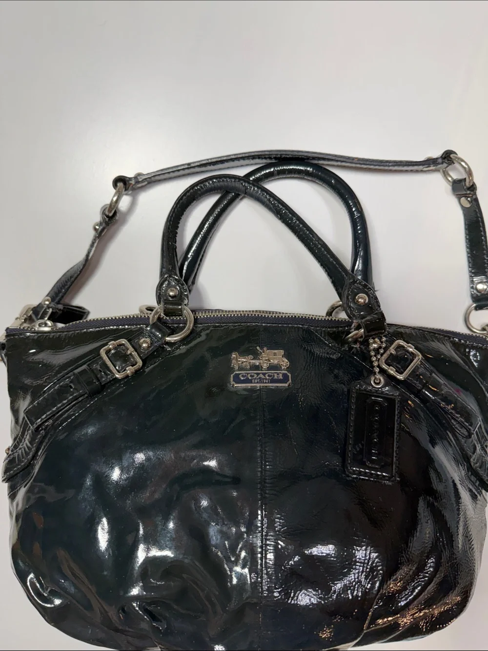 Coach Madison Black Patent Leather Sophia Satchel Bag